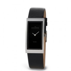 SKAGEN UNISEX UR I ST�L M/SORT L�DERREM