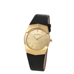 SKAGEN DAMEUR I DOUBLE M/DIAMANTER OG SORT L�DERREM