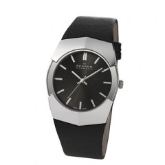 SKAGEN HERREUR I ST�L M/SCHWEIZISK URV�RK OG SORT L�DERREM