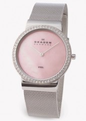 SKAGEN DAMEUR I ST�L M/LYSER�D PERLEMORSSKIVE + SWAROVSKI KRYSTALLER